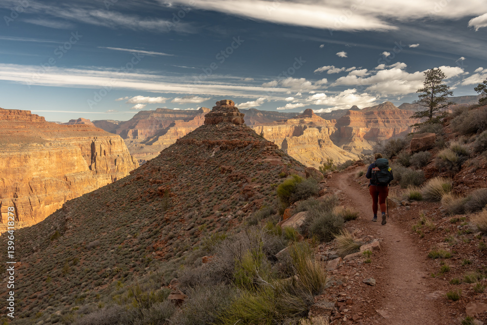 Hiker On Hermit Trail At Lookout Point In The Grand Canyon