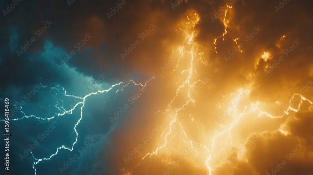 A supernatural sky filled with vibrant blue and gold lightning bolts swirling in an ethereal energy vortex. A supernatural sky filled with vibrant blue and gold lightning bolts swirling in an ethereal energy vortex.
