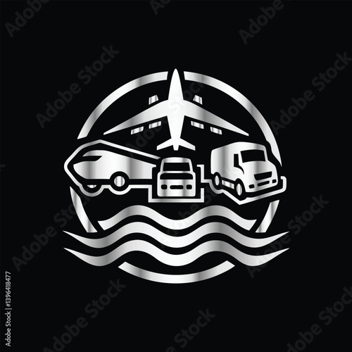 Logistic and delivery of goods and services. Truck, plane, ship, plane, container, truck. Vector illustration. Airport logo. Airport logo with truck, plane, truck, car, ship and airplane.