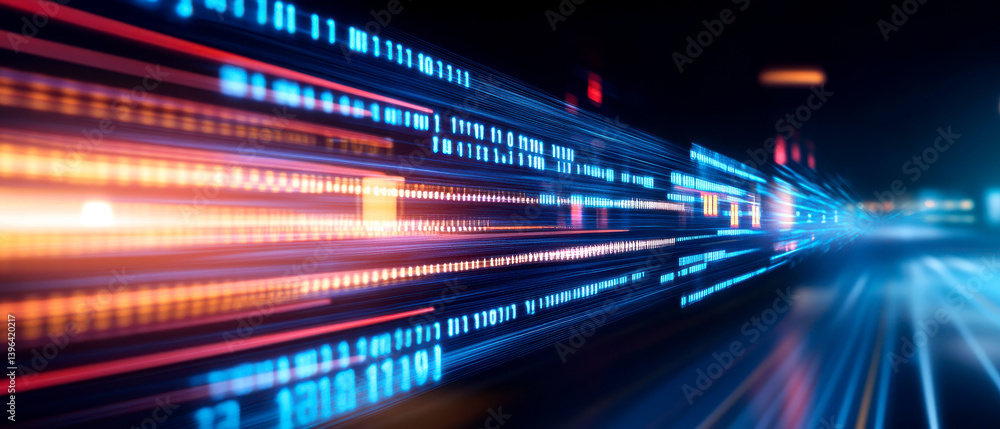 Fototapeta premium A vibrant, abstract representation of data flow, showcasing colorful streaks of light that symbolize speed and technology in a digital landscape.