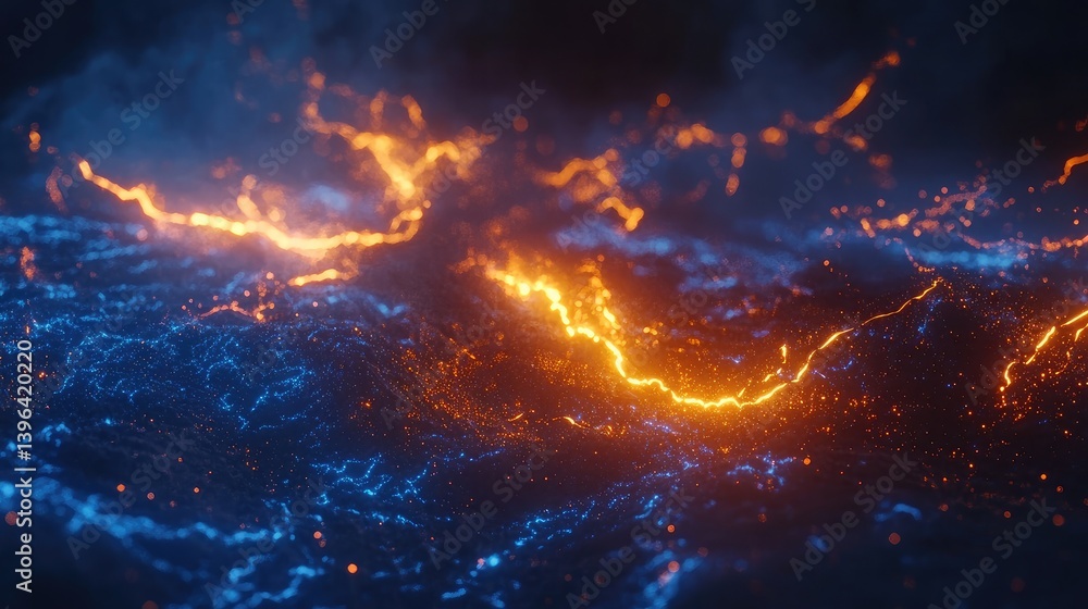 Cosmic energy storm where radiant blue and golden electricity clash, creating a celestial light show.