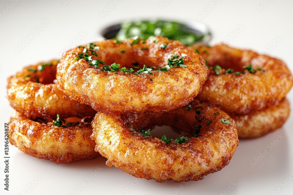 Golden-brown onion rings, crispy, stacked high, garnished with fresh herbs, served with dipping sauce Golden-brown onion rings, crispy, stacked high, garnished with fresh herbs, served with dipping sauce