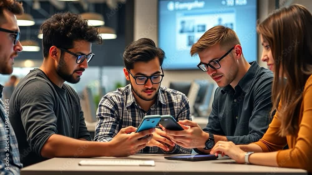 Connected colleagues engaging with smartphones in a collaborative workspace Connected colleagues engaging with smartphones in a collaborative workspace