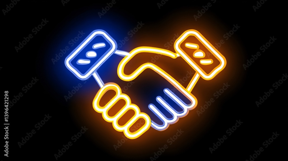 Neon-style handshake with blue/orange glows, on a dark background Neon-style handshake with blue/orange glows, on a dark background