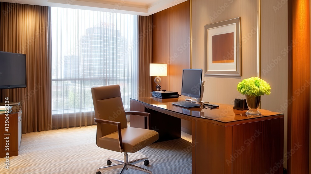Fototapeta premium Modern office interior with a sleek desk, comfortable chair, and cityscape view outside the window