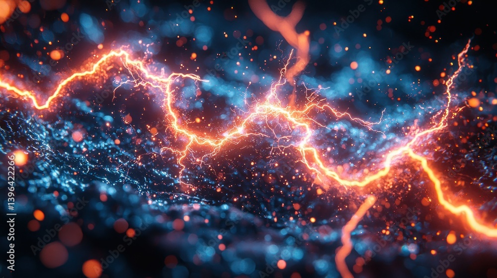 Electrical Burst Bright orange electricity flashes against a dreamy blue backdrop Electrical Burst Bright orange electricity flashes against a dreamy blue backdrop
