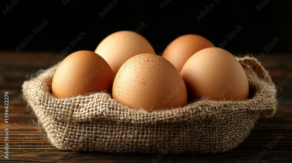 Eggs in burlap sack on wood. Dark backdrop emphasizes the textures Eggs in burlap sack on wood. Dark backdrop emphasizes the textures