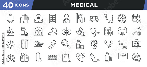 Medical icons set. Web line icons collection related healthcare, emergency, pharmacy, doctor. Editable stroke. Perfect pixel vector illustration isolated on white background.