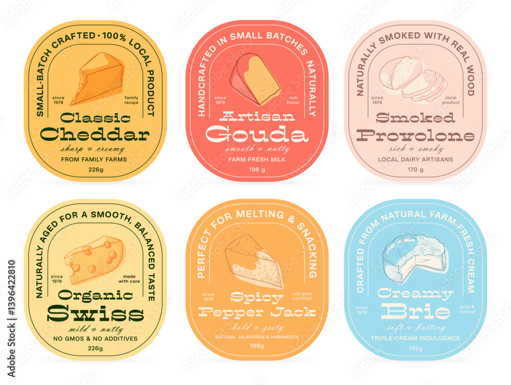 Obraz premium Various cheese labels showcasing artisanal products made from natural ingredients and crafted with care