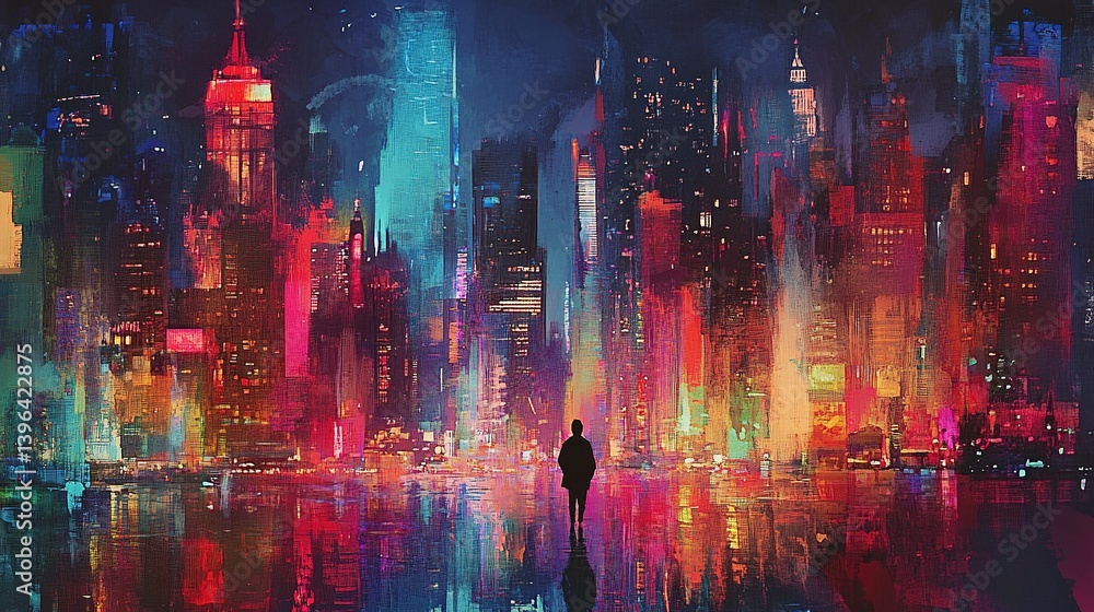 Obraz premium A vibrant, futuristic cityscape at night, with a solitary figure.