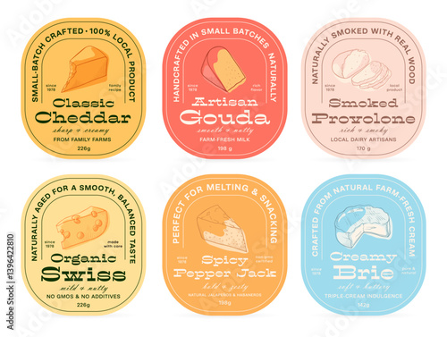 Various cheese labels showcasing artisanal products made from natural ingredients and crafted with care