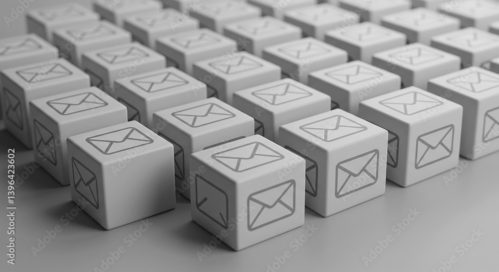 Array of white cubes with email symbols in a gray background showing communication concept idea design Array of white cubes with email symbols in a gray background showing communication concept idea design