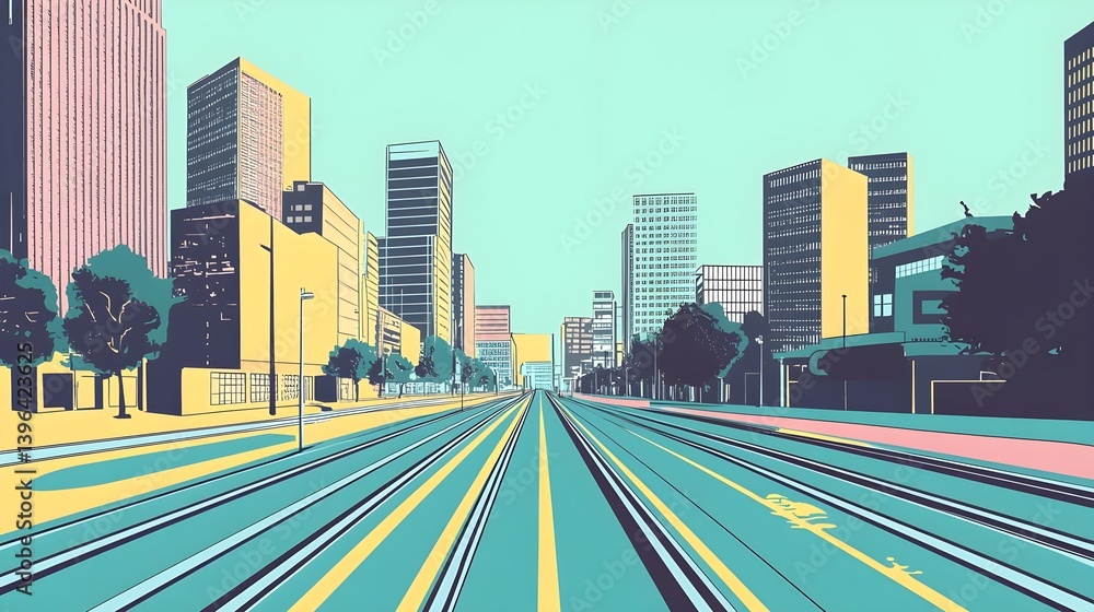 Fototapeta premium Vibrant Retro Comic Style City Landscape Illustration with Bold Lines