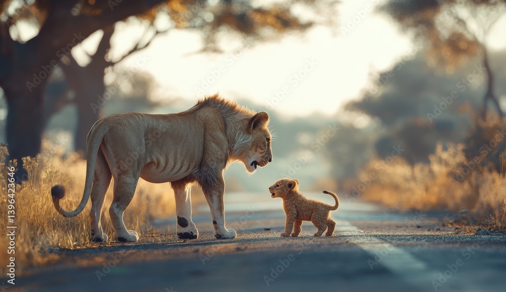 Motherly Bond: A tender moment unfolds as a majestic lioness and her adorable cub traverse a dusty road, epitomizing the essence of familial connection in the wild. Motherly Bond: A tender moment unfolds as a majestic lioness and her adorable cub traverse a dusty road, epitomizing the essence of familial connection in the wild.