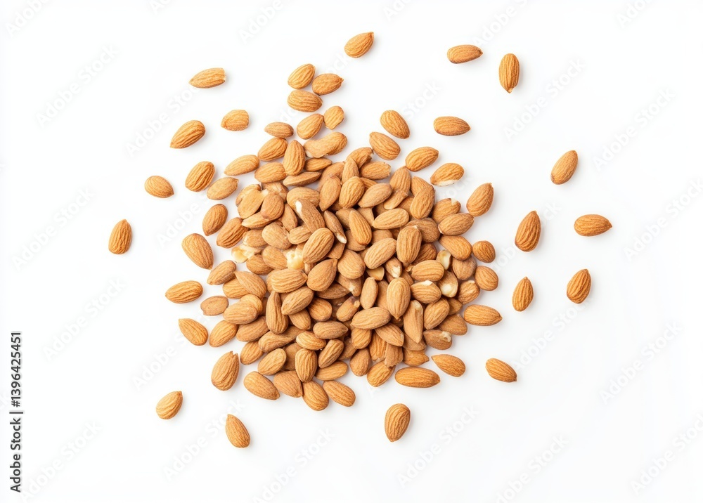 Almond Nut Heap: A high-angle shot showcases a pile of fresh, shelled almond nuts on a simple background. A simple and attractive image of the delightful and nutritious snack. Almond Nut Heap: A high-angle shot showcases a pile of fresh, shelled almond nuts on a simple background. A simple and attractive image of the delightful and nutritious snack.