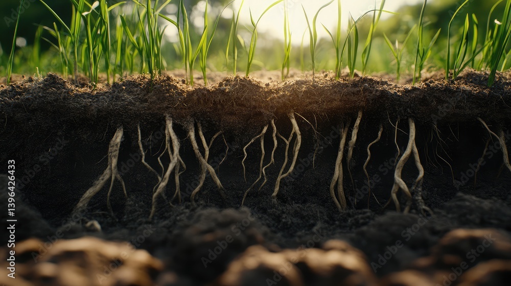 Fototapeta premium Soil transformation in action as deep roots create pathways for air and water penetration.