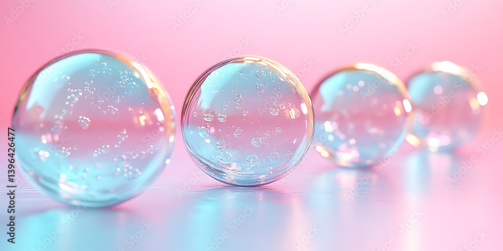Arrangement of Crystal Balls with Bubbles on Colorful Light Background Arrangement of Crystal Balls with Bubbles on Colorful Light Background