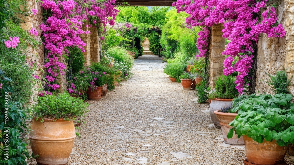 Fototapeta premium A garden pathway covered with pink bougainvillea and lush greenery in a scenic setting.