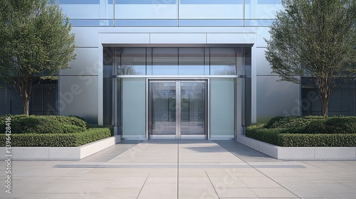 A high-tech business entryway with frosted glass doors set within an aluminum frame.