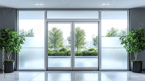 A high-tech business entryway with frosted glass doors set within an aluminum frame.