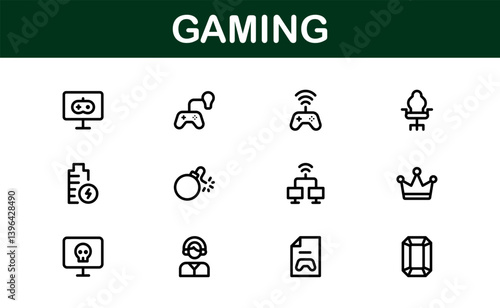 Essential Gaming Icon Set Vector Illustration. Packed with Popular Symbols for Video Games, Joysticks, and Gamer Gear