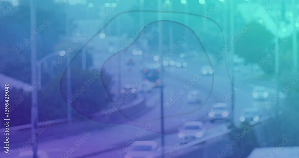 Blurred highway traffic with abstract blue and purple overlay animation Blurred highway traffic with abstract blue and purple overlay animation