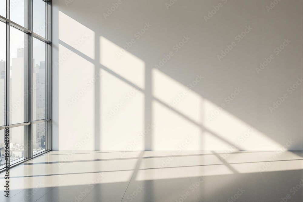 Obraz premium Empty minimalist interior with large windows and sunlight shadows on a clean white wall, modern architectural style on a bright urban background, creative concept. Ai generative