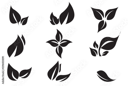 Wallpaper Mural Eco leaves black set. Collection of graphic elements for website. Symbol of spring and summer. Natural and organic cosmetics products. Cartoon flat vector illustrations isolated on white background. Torontodigital.ca