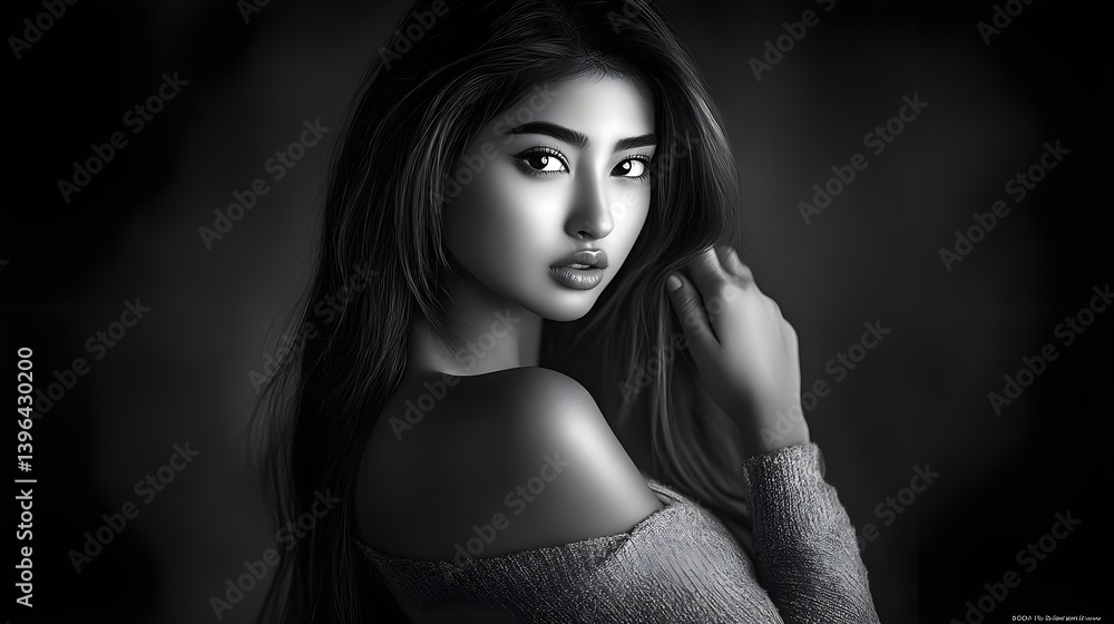Naklejka premium Portrait of an Asian Woman in Black and White with Long Hair