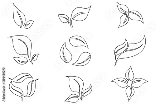 Eco leaves black set. Collection of graphic elements for website. Symbol of spring and summer. Natural and organic cosmetics products. Cartoon flat vector illustrations isolated on white background.