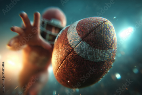 Stunning Action Photo of a Football Soaring Mid-Air as a Player Leaps to Catch It in the Background – Dynamic Sports Moment with Intensity, Precision, and Motion in Focus