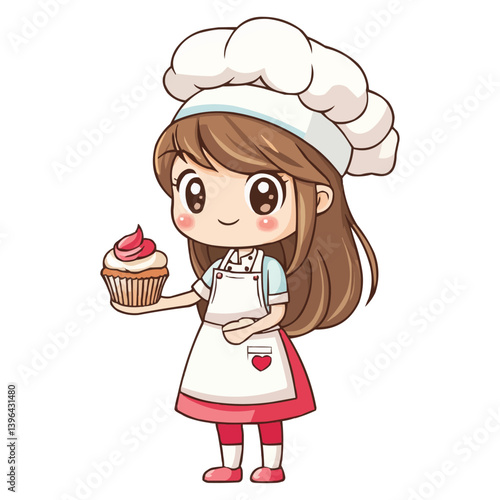 Cute cartoon baker girl holding a cupcake