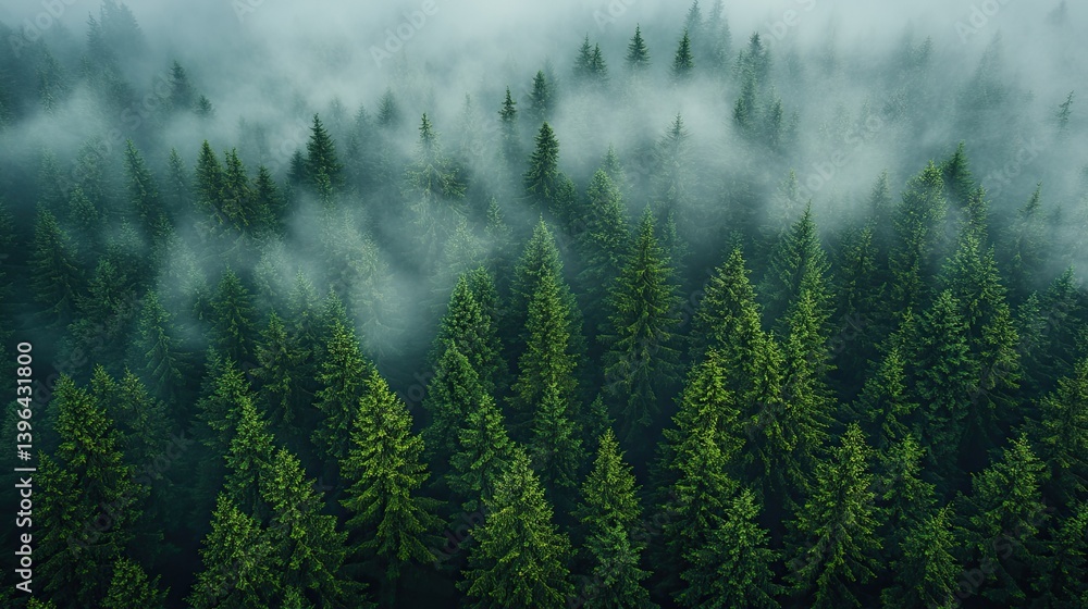 Green Forest Covered in Morning Fog and Mystical Mist Green Forest Covered in Morning Fog and Mystical Mist