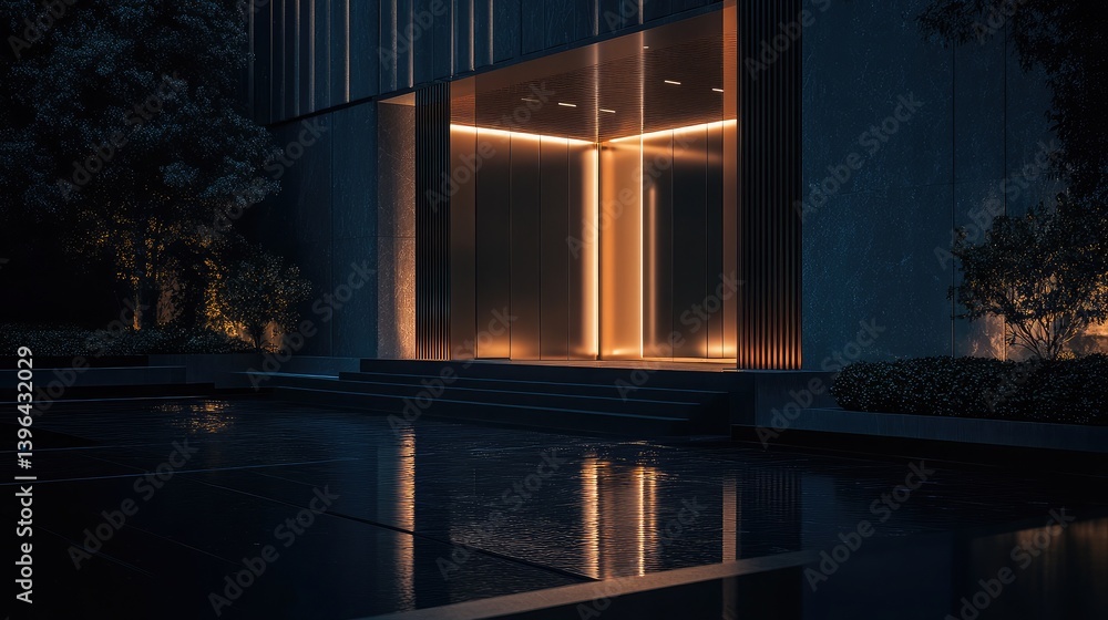 Fototapeta premium Minimalist commercial building entrance with glass and aluminum doors opening into a well-lit office.