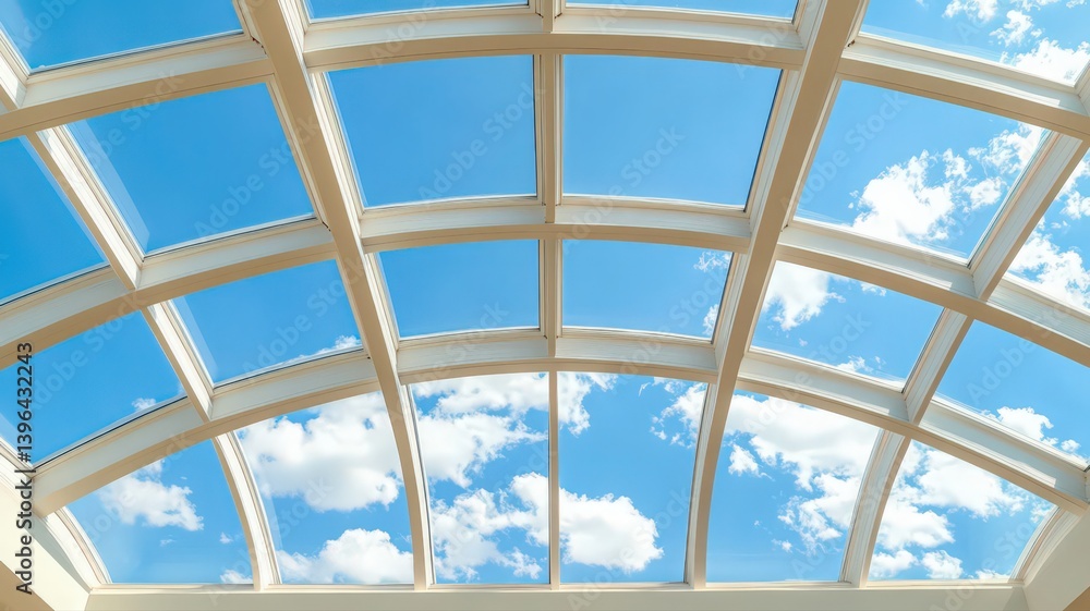 Bright Blue Sky Viewed Through a Gridded Glass Skylight