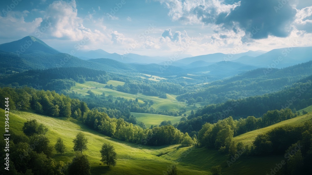 Fototapeta premium Serene Mountain Vista: A Breathtaking Panorama of Rolling Hills and Lush Forests Under a Cloudy Sky
