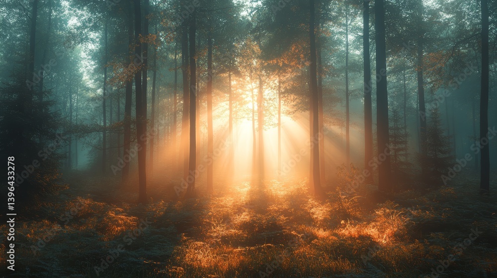 Obraz premium Sunbeams through the Misty Forest