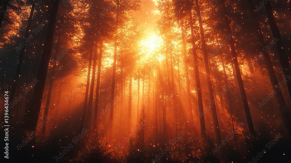 Golden Sunlight Piercing Through Trees In A Glowing Forest Golden Sunlight Piercing Through Trees In A Glowing Forest