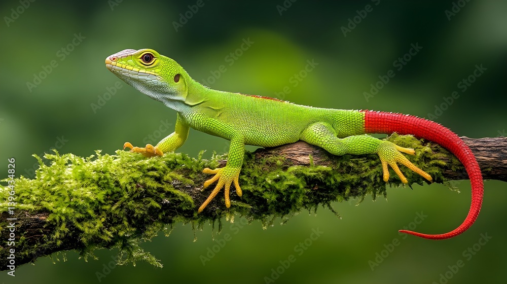 Fototapeta premium Bright Green Lizard with Red Tail Perched on a Branch in Nature