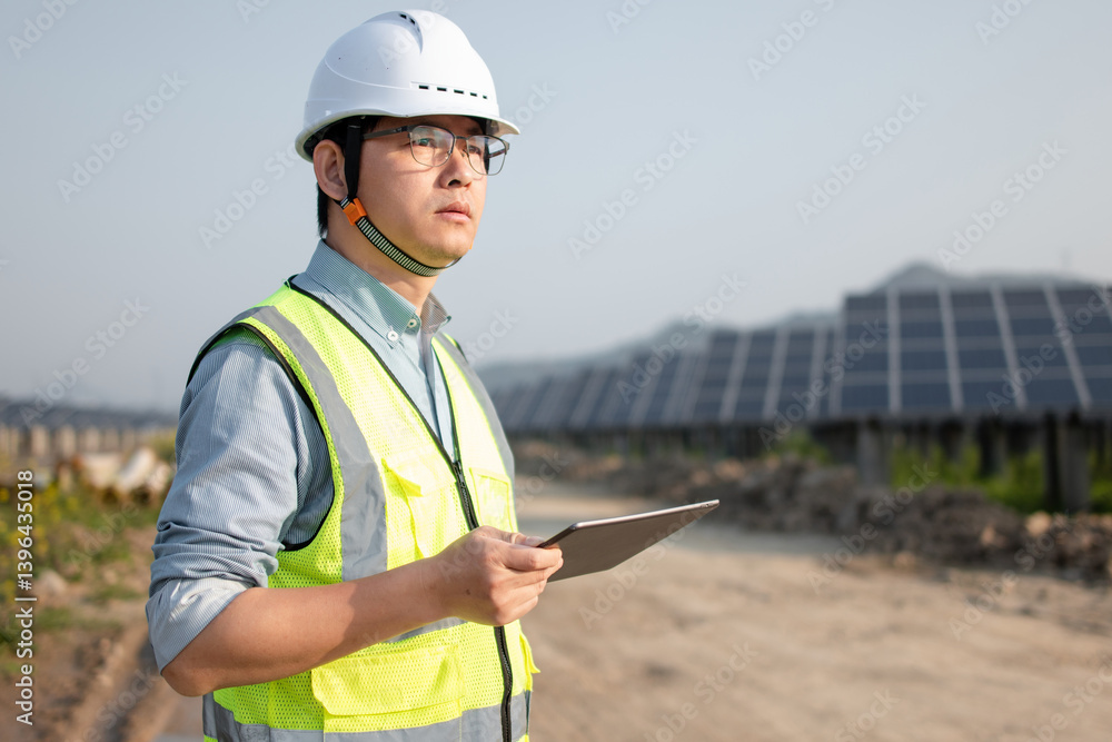 Fototapeta premium asian engineer working on digital tablet in solar power station