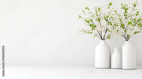 Minimalist white vase arrangement.  Delicate white blossoms in elegant white vases against a clean white wall.  Simple and serene