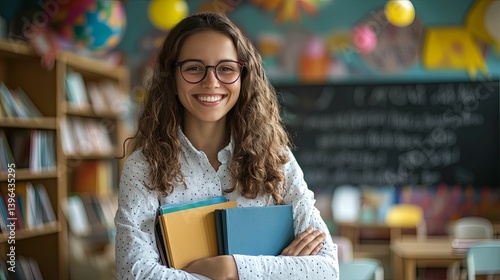 A smiling student teacher holds books in a classroom setting.