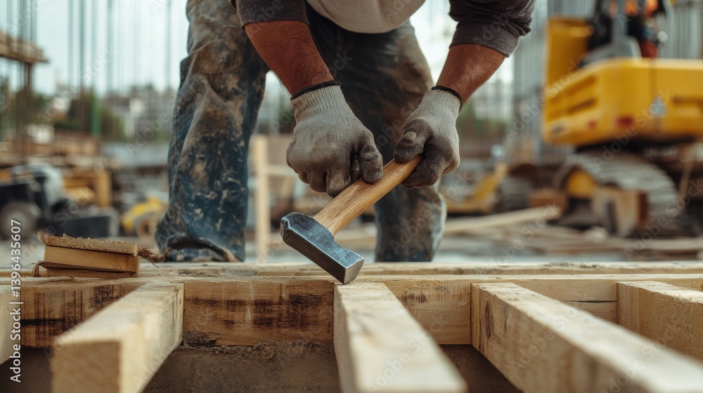A Hispanic construction worker using a hammer at a construction site. Featuring strength and focus A Hispanic construction worker using a hammer at a construction site. Featuring strength and focus