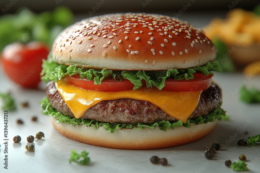 Juicy beef burger with melted cheese, lettuce, and tomato on a sesame seed bun Juicy beef burger with melted cheese, lettuce, and tomato on a sesame seed bun