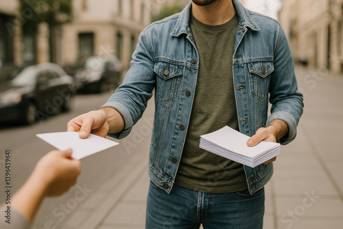 Casual man in denim jacket distributing flyers on city street, engaging in promotional activity