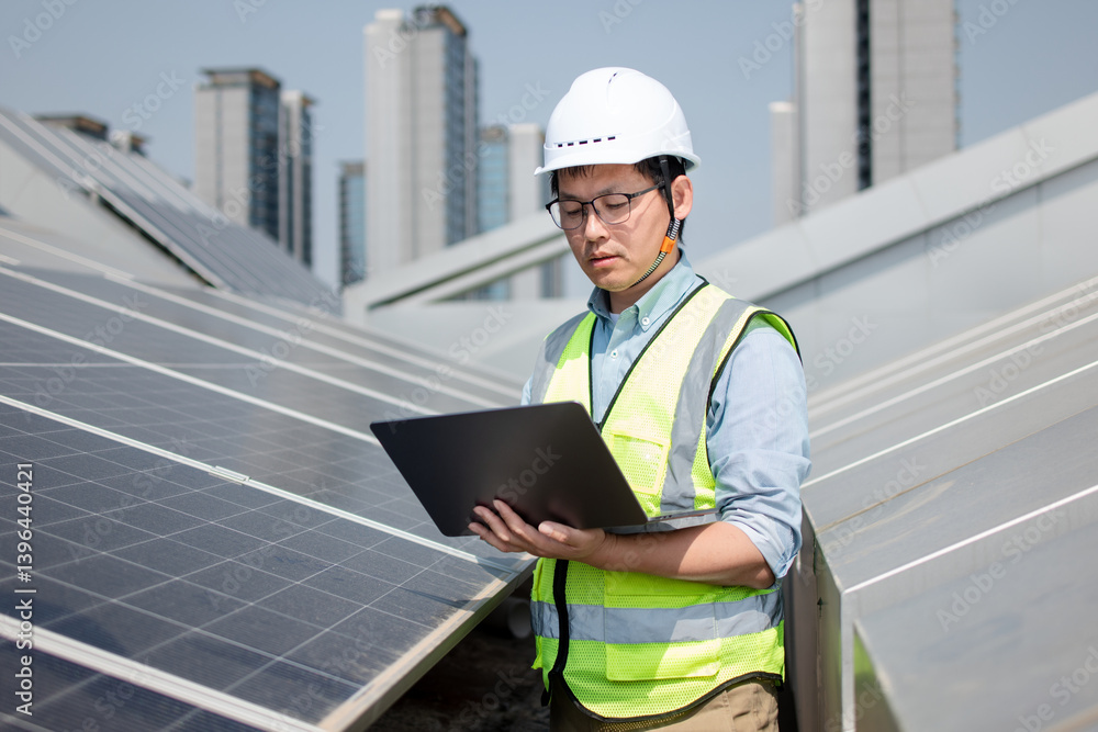 asian engineer working in solar power station on rooftop asian engineer working in solar power station on rooftop