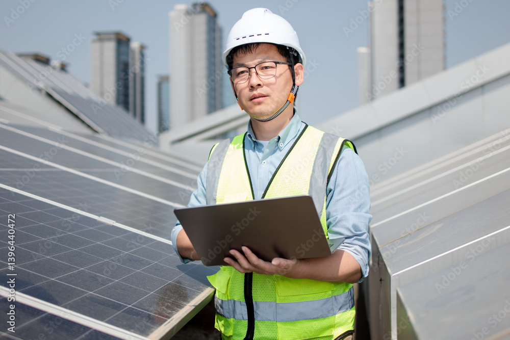 asian engineer working in solar power station on rooftop asian engineer working in solar power station on rooftop