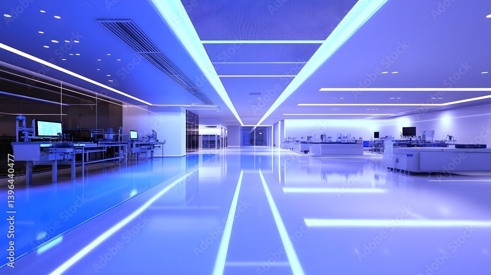 Fototapeta premium Clean and Modern Integrated Circuit Factory Interior with Blue Lighting