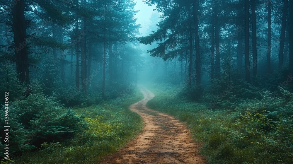 Obraz premium A winding path through a misty and enchanting forest landscape