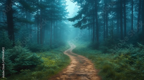 A winding path through a misty and enchanting forest landscape